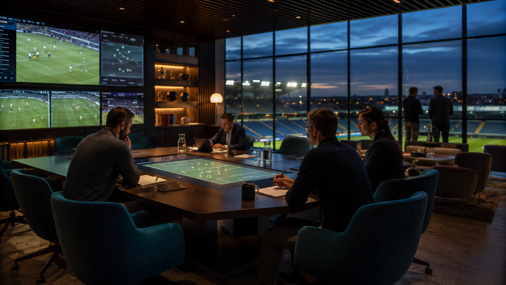 Institutional observatory — strategic field-to-boardroom intelligence perspective. ElevenWires command centre environment representing football intelligence infrastructure.